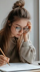 Poster - Young student girl wearing eyeglasses and casual clothes diligently writing notes and studying at home, fully focused on preparing for her upcoming exam and enhancing her knowledge