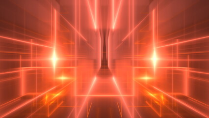 Fototapete - Bright red light beams intersect and radiate from a central point, forming an intricate pattern. This vibrant display suggests a futuristic digital environment or abstract art installation. 3d render