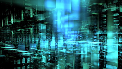 Fototapete - Bright blue and green light fills a complex digital landscape with overlapping geometric shapes and patterns, creating a sense of depth and intricacy in a futuristic environment. 3d render