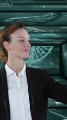 Poster - Animation of businesswoman touching virtual screen over screens with medical data processing