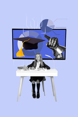 Poster - Poster 3D collage of young schoolgirl sit tablet monitor board graduate armor glove finger point education cyber student virtual knowledge