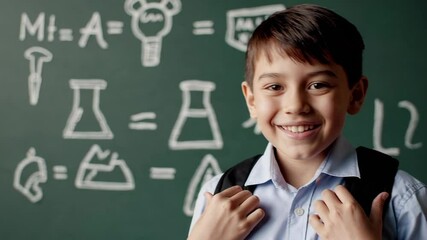 Poster - Cheerful schoolboy standing with backpack, smiling confidently in classroom near green chalkboard featuring mathematical drawings and educational equations
