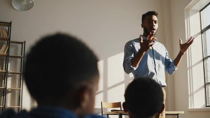 Poster - Natural light illuminates a classroom where a passionate teacher stands, gesturing expressively while leading a discussion with a group of attentive students