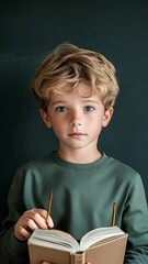 Poster - Smart young pupil adjusting glasses while holding an open book, standing confidently in front of a chalkboard, ready for class and displaying eagerness to learn and absorb knowledge