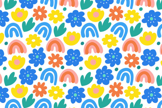 Seamless floral pattern with colorful abstract flowers and leaves on white background. perfect for fabric, wallpaper, and spring designs.