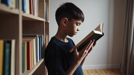 Poster - Young student reading book intently, standing near wooden bookshelf, embodying passion for learning and intellectual curiosity in quiet educational environment