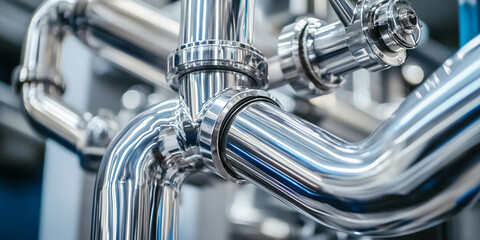 Aufkleber - Close-up view of high-quality stainless steel pipes and fittings Generative AI