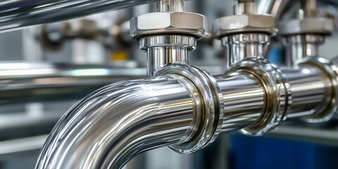 Aufkleber - Close-up view of polished stainless steel piping and fittings Generative AI