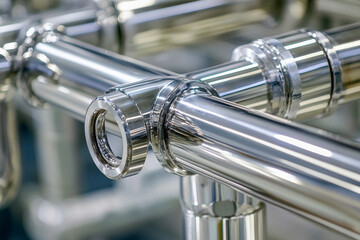 Aufkleber - Close-up view of polished stainless steel pipes and fittings Generative AI