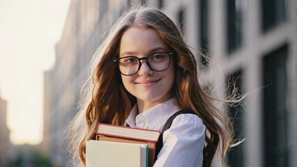 Poster - Confident student girl with glasses and long wavy hair smiles at camera while holding books, standing against the backdrop of a modern urban building