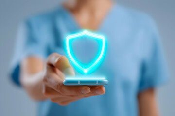 Aufkleber - A person in blue scrubs holds a smartphone projecting a glowing shield icon symbolizing digital security and protection.