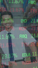Poster - Animation of financial data processing over men and woman working in warehouse