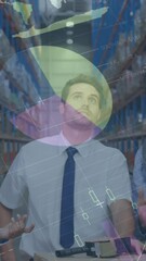 Poster - Animation of statistics and financial data processing over men and woman working in warehouse