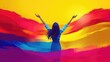 © timurlan999 - Woman raising hands with colorful abstract background celebrating freedom and happiness