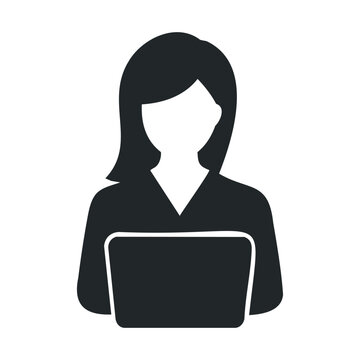 Silhouette of female using laptop - isolated black icon illustration