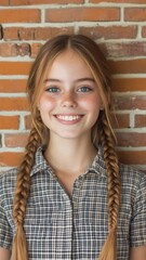 Poster - Portrait of smiling female pupil wearing braids and checkered shirt, standing in front of brick wall, expressing happiness and enthusiasm for back to school