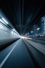 Poster - Dynamic urban tunnel at night with motion blur capturing speed and light trails