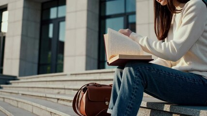 Poster - Female student reading textbook while sitting on university steps, basking in warm afternoon sunlight and focusing intently on academic material
