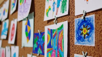 Poster - Classroom corkboard displaying vibrant children's artwork, revealing imagination through colorful drawings celebrating youthful creative expression