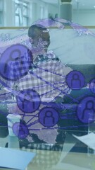 Poster - Animation of globe with icons over diverse business people in office