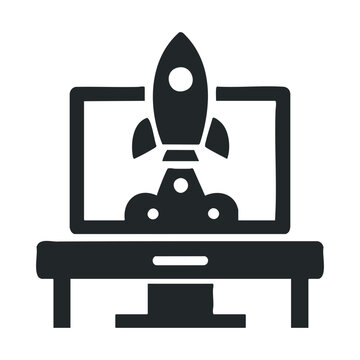 Rocket launch icon on computer screen representing startup success and innovation