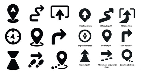 Poster - Set of icons for navigation and directions. The icons include arrows, a compass, and a clock