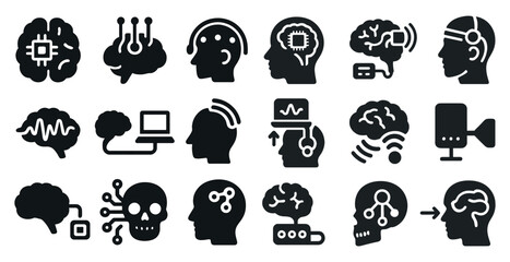 Poster - Collection of black and white icons that represent the brain and technology. The icons include a skull, a computer, a cell phone, a laptop, a TV, and a camera. Scene is one of technology