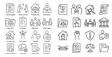 Fototapete - Set of icons for legal matters. The icons include a house, a person holding a sign, a person holding a gavel, a person holding a book, a person holding a pen, a person holding a clipboard