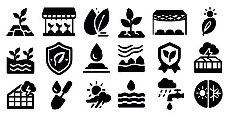 Poster - Collection of black and white icons that represent various aspects of agriculture and farming. The icons include a plant, a watering can, a shield, a sun, a cloud, a raindrop, a building, and a tree
