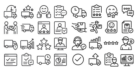 Poster - Collection of icons that represent different aspects of transportation and delivery. The icons include a truck, a person holding a box, a person wearing headphones, and a person wearing a headset