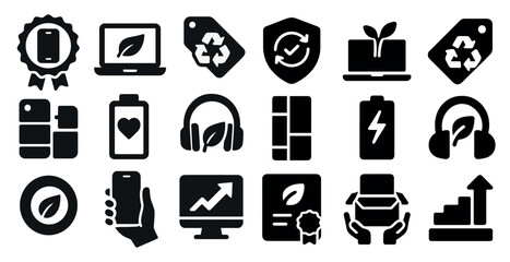 Poster - Collection of icons for various electronic devices and accessories. The icons include a cell phone, laptop, tablet, headphones, and a keyboard. The icons are all black and white