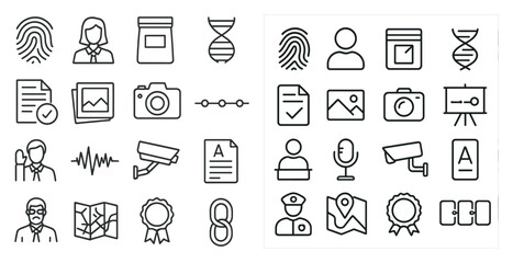 Poster - Set of icons for a computer program. The icons include a camera, a microphone, a person, a computer, a map, a clock, a book, a person with a hand on a clock, a person with a camera