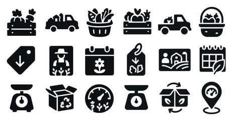 Poster - Collection of black and white icons that include a scale, a box, a truck, a car, a basket, a person, a flower, a box, a truck, a car, a basket, a truck, a box, a person