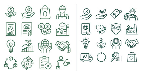Fototapete - Set of icons for green business and sustainability. The icons include a person holding a bag, a person holding a plant, a person holding a wallet, a person holding a book