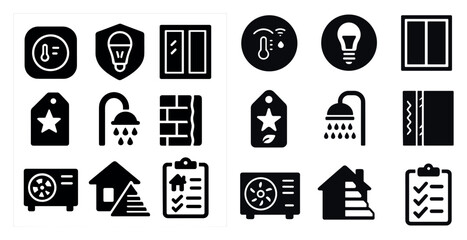 Fototapete - The image is a collection of icons for various home appliances and fixtures. The icons include a light, a thermostat, a shower, a window, and a clock. The icons are all black and white