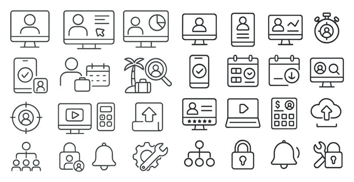 Collection of icons for various computer and mobile devices. The icons include a calendar, a laptop, a keyboard, a mouse, a cell phone, a tablet, a computer monitor, a keyboard, a mouse, a laptop