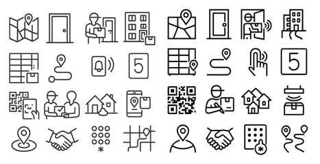 Fototapete - Collection of icons that include a handshake, a building, a house, a person holding a phone, a person holding a package, a person holding a key, a person holding a remote, a person holding a tablet,