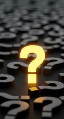 Fototapete - Glowing yellow question mark stands out among many dark grey question marks, symbolizing the search for answers or unique solutions