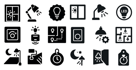 Fototapete - Collection of black and white icons for various home appliances and lighting fixtures. The icons include a clock, a light switch, a lamp, and a window. Scene is modern and minimalist