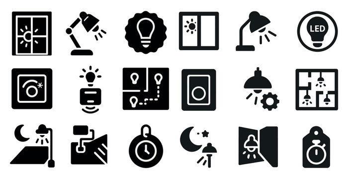 Collection of black and white icons for various home appliances and lighting fixtures. The icons include a clock, a light switch, a lamp, and a window. Scene is modern and minimalist