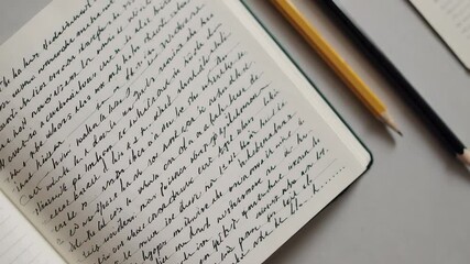 Poster - Handwritten notes covering notebook pages with yellow and black pencils lying nearby, positioned on neutral gray surface, depicting academic writing process and personal documentation
