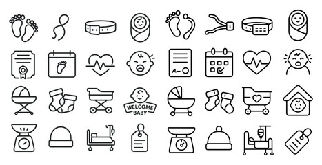 Fototapete - Collection of baby-related icons, including a baby, a stroller, a crib, a pacifier, and a hospital bed