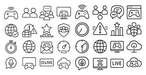 Fototapete - Collection of icons for various video games and other activities. The icons include a game controller, a person holding a controller, a person holding a keyboard, a person holding a mouse