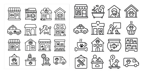 Fototapete - Set of icons for a pet store. The icons include a dog, a cat, a car, a house, a building, a person, a dog house, a dog grooming salon, a dog walker, a dog car wash