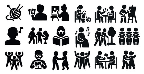 Poster - Collection of black and white icons depicting various activities and social interactions. The icons include people reading, playing music, and engaging in other leisurely activities
