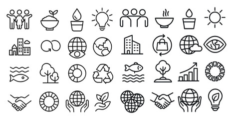 Fototapete - Collection of icons for various concepts such as sustainability, recycling, and environmentalism. The icons include a fish, a light bulb, a tree, and a globe