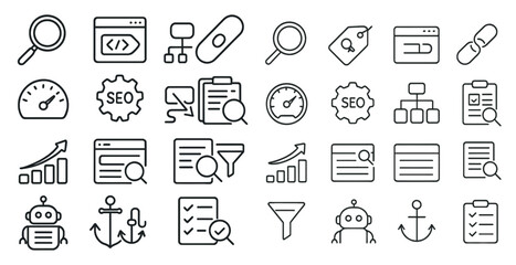 Fototapete - Collection of icons for various computer programs and tools. The icons include a magnifying glass, a search bar, a speedometer, and a robot