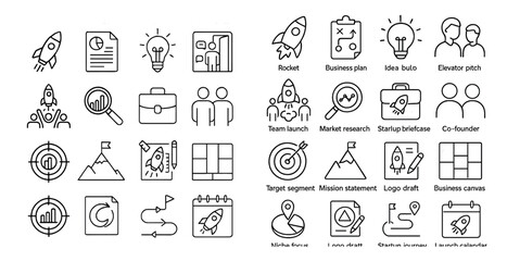 Fototapete - Set of icons for business and management. The icons include a rocket, a magnifying glass, a briefcase, a person with a clipboard, a person with a laptop, a person with a cell phone