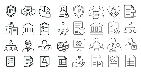 Fototapete - Collection of icons for various business and financial concepts. The icons include a building, a person holding a briefcase, a person holding a sign, a person holding a stack of money