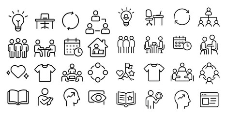 Poster - Collection of icons that represent different aspects of work and life. The icons include a person sitting at a desk, a person standing, a person sitting in a chair, a person sitting at a table